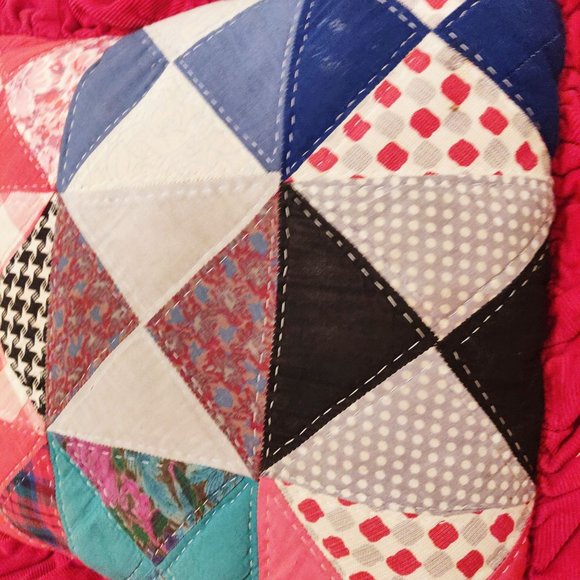 Vintage Patchwork Ruffle Pillow Bright Red Groovy Prints Flowers Stars Check BOH - Picture 10 of 12